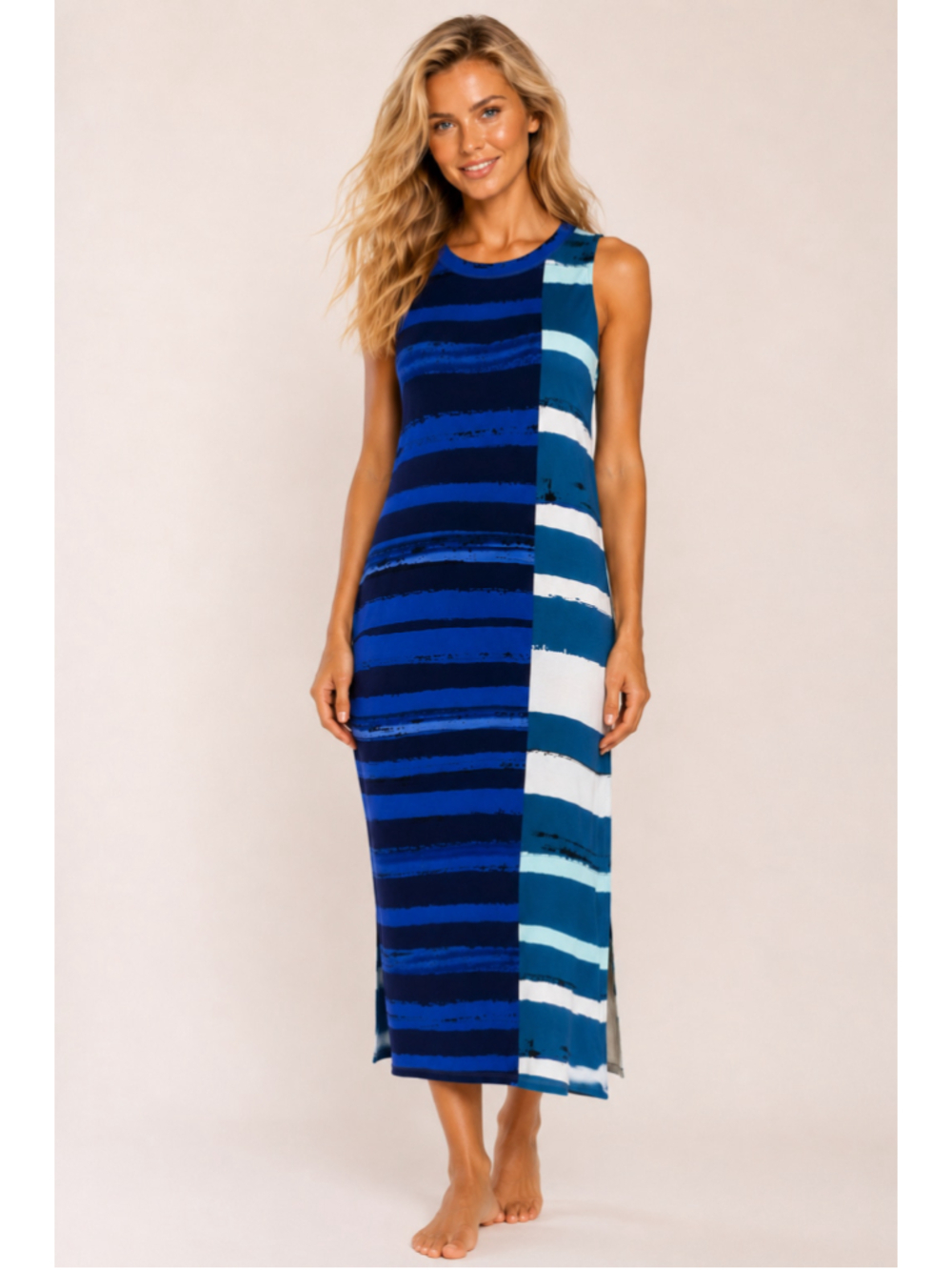 Corey Lynn Calter Blue Striped Midi Dress S Artsy Coastal Boho Resort Stretch US